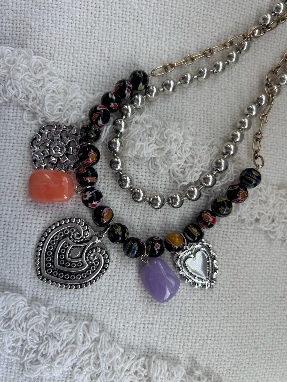 FP Silver Heart Pendant Necklace with Peach and Lavender Beads - Picture 2 of 5